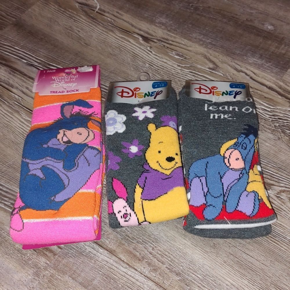 Disney tread socks tall thick socks Sz Adult 4-10 all new Eeyore Pooh Piglet